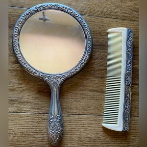 Vintage Silver Plated Bronze Hand Mirror & Comb Set